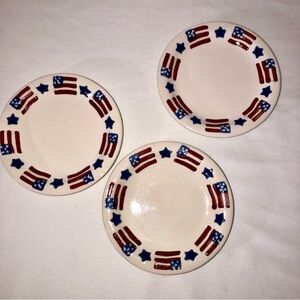Set of 3 Ceramic Patriotic Candle Holder Plates, American Flags/Blue Stars